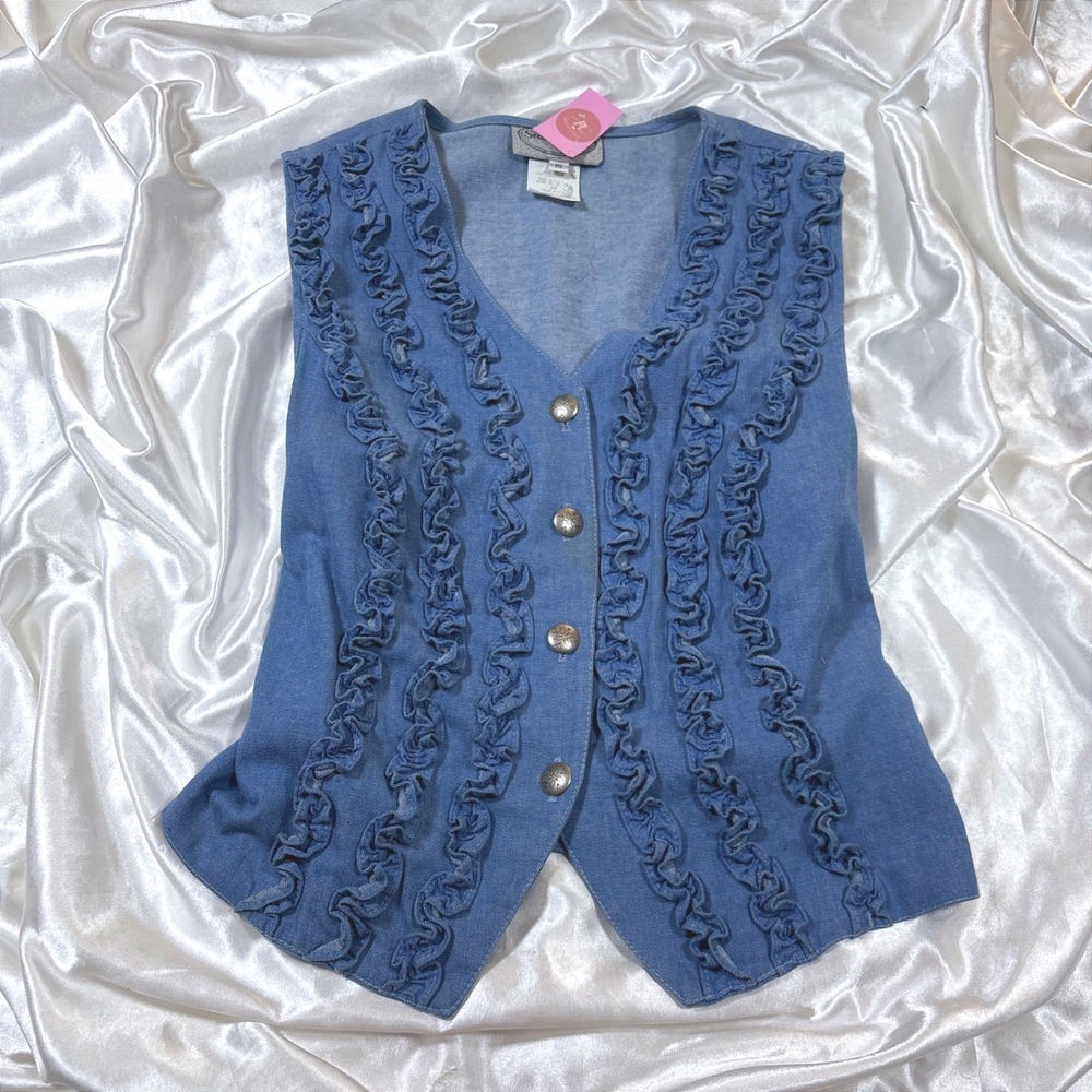 vintage Stonebridge Denim Vest Blue Excellent Ruffle Western Sunburst Button 10